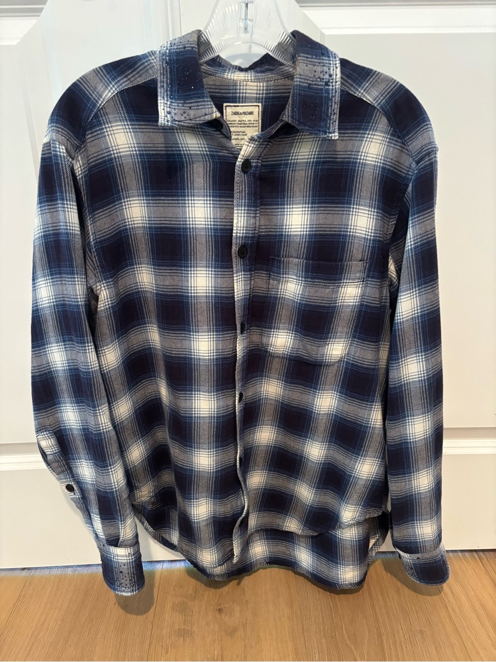 Zadig and Voltaire Blue and White Plaid Shirt with Blue Rhinestones